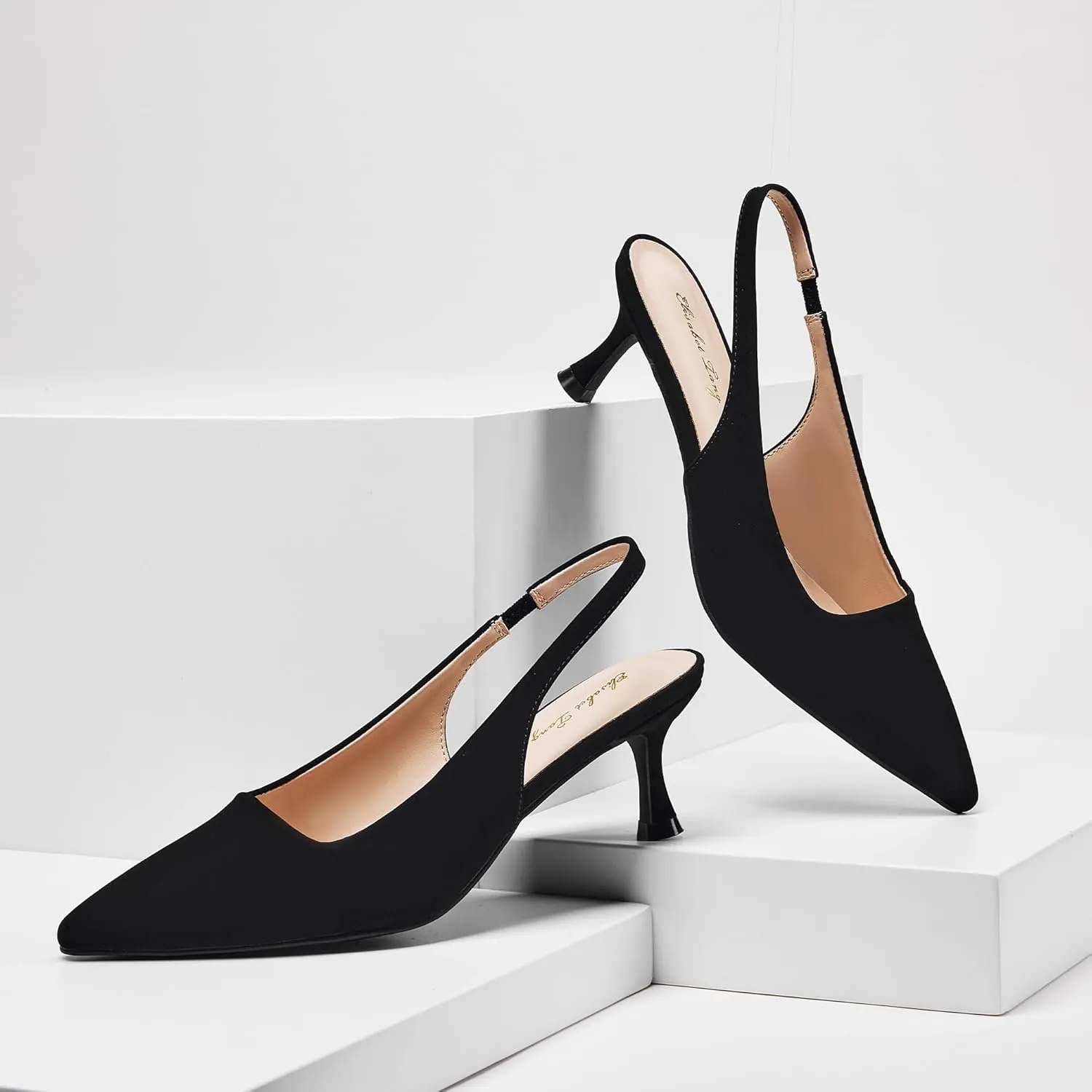 Elisabet Tang 2IN Trendy Closed Toe Slingback Kitten Heels for Women Low Dressy Pumps Wide Width Sexy for Prom