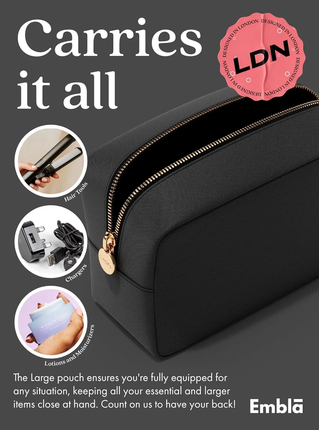 Embla Makeup Bag Travel Cosmetics Pouch and Toiletry Bag, Nylon Zipper Pouch Purse, Cute Make Up Organizer Storage Tote for Women Girls, Waterproof Travel Skincare Case, Large Makeup Bags, Black Noir
