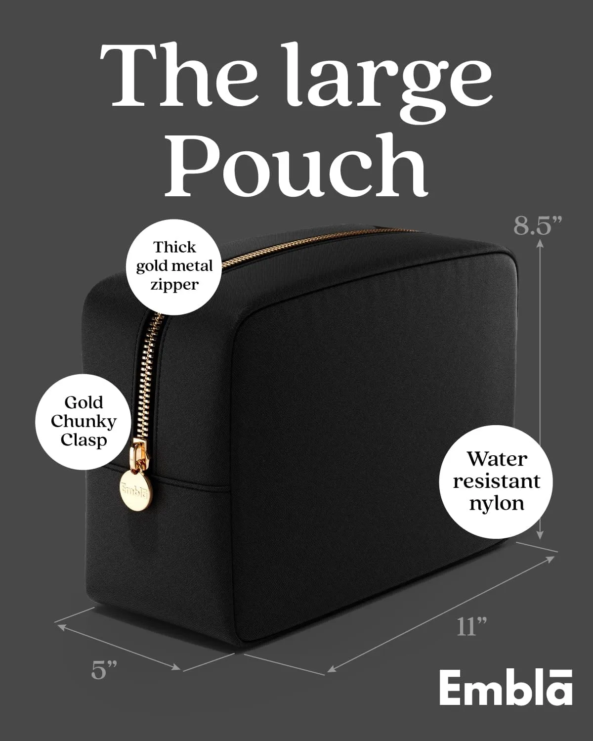 Embla Makeup Bag Travel Cosmetics Pouch and Toiletry Bag, Nylon Zipper Pouch Purse, Cute Make Up Organizer Storage Tote for Women Girls, Waterproof Travel Skincare Case, Large Makeup Bags, Black Noir