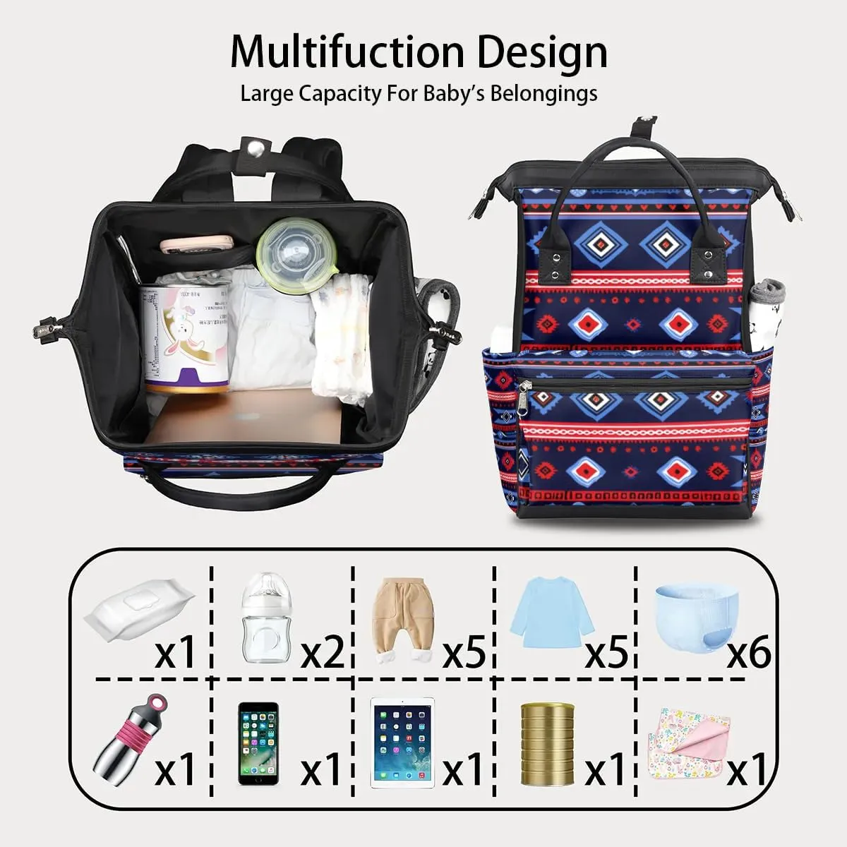 Ethnic Colorful Large Diaper Bag Backpack for Mom Dad Travel Casual Diaper Back Pack Tote Waterproof Nappy Changing Bags Baby Maternity Hospital Bag Shoulder Diaper Daypack for Women