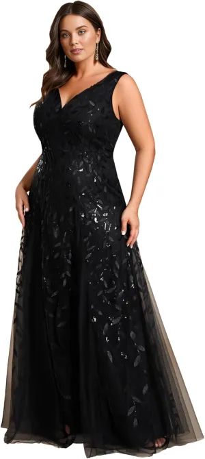 Ever-Pretty Womens Plus Size V Neck A-line Sleeveless Sequin Emboridery Formal Dresses