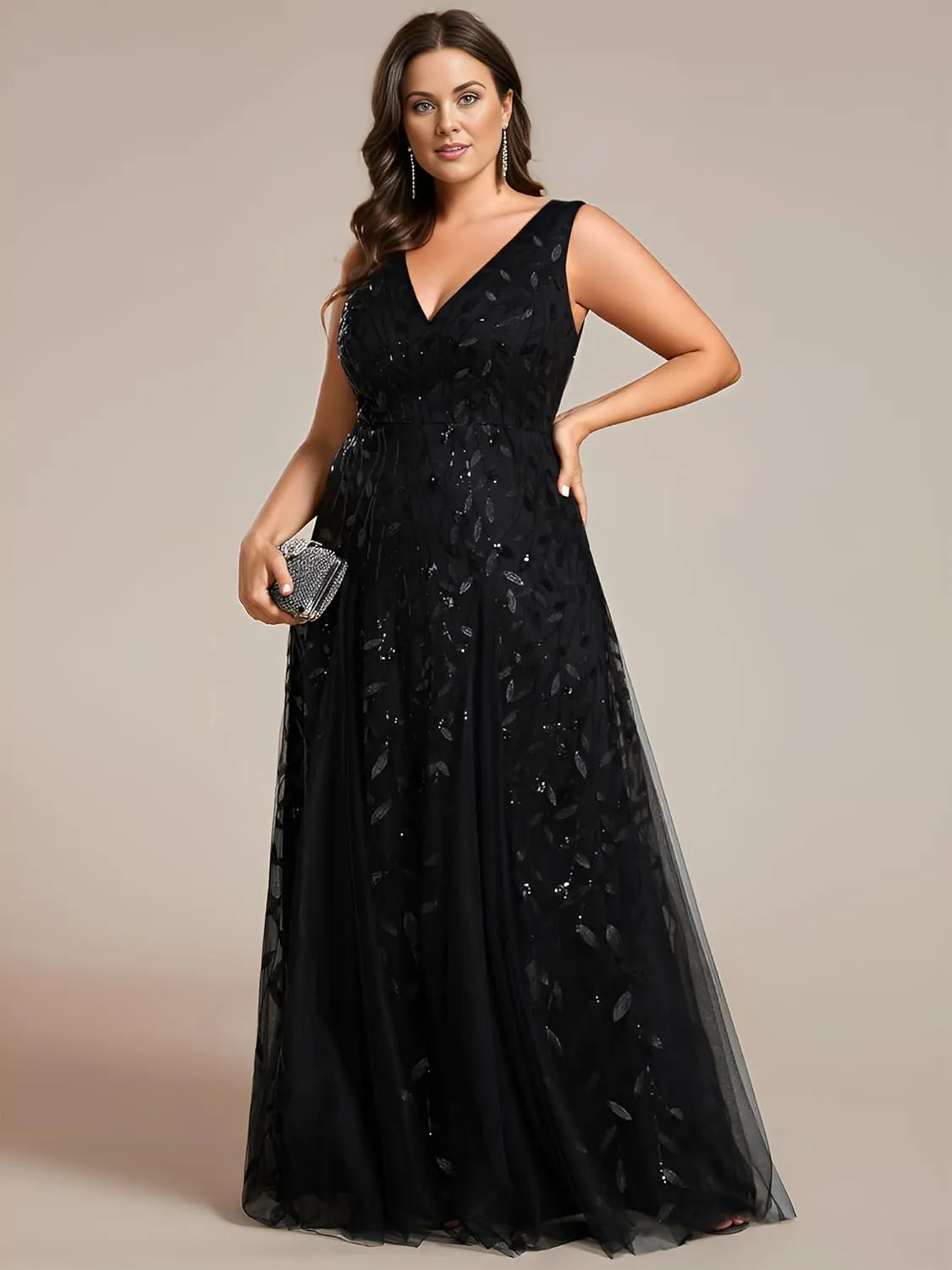 Ever-Pretty Womens Plus Size V Neck A-line Sleeveless Sequin Emboridery Formal Dresses