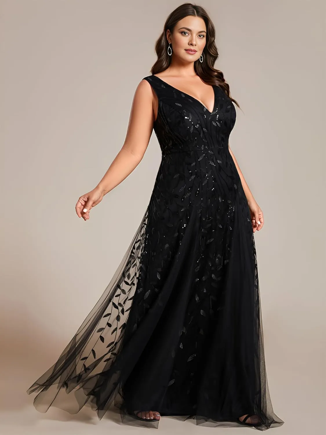 Ever-Pretty Womens Plus Size V Neck A-line Sleeveless Sequin Emboridery Formal Dresses