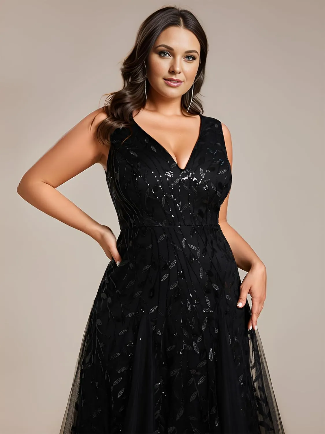 Ever-Pretty Womens Plus Size V Neck A-line Sleeveless Sequin Emboridery Formal Dresses
