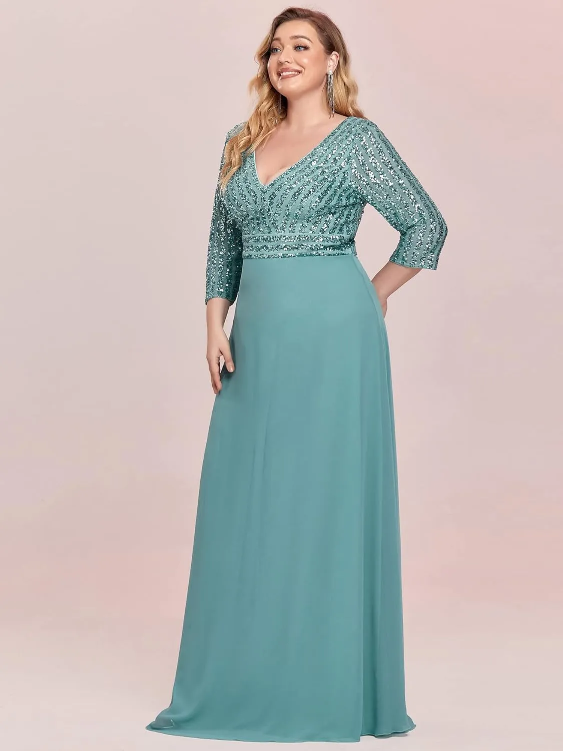 Ever-Pretty Women's Plus Size V-Neck Sparkle Sequins Chiffon 3/4 Sleevess Formal Dresses 0751-PZ
