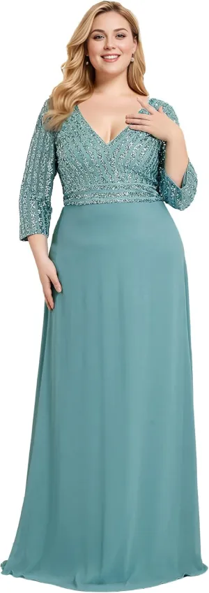 Ever-Pretty Women's Plus Size V-Neck Sparkle Sequins Chiffon 3/4 Sleevess Formal Dresses 0751-PZ