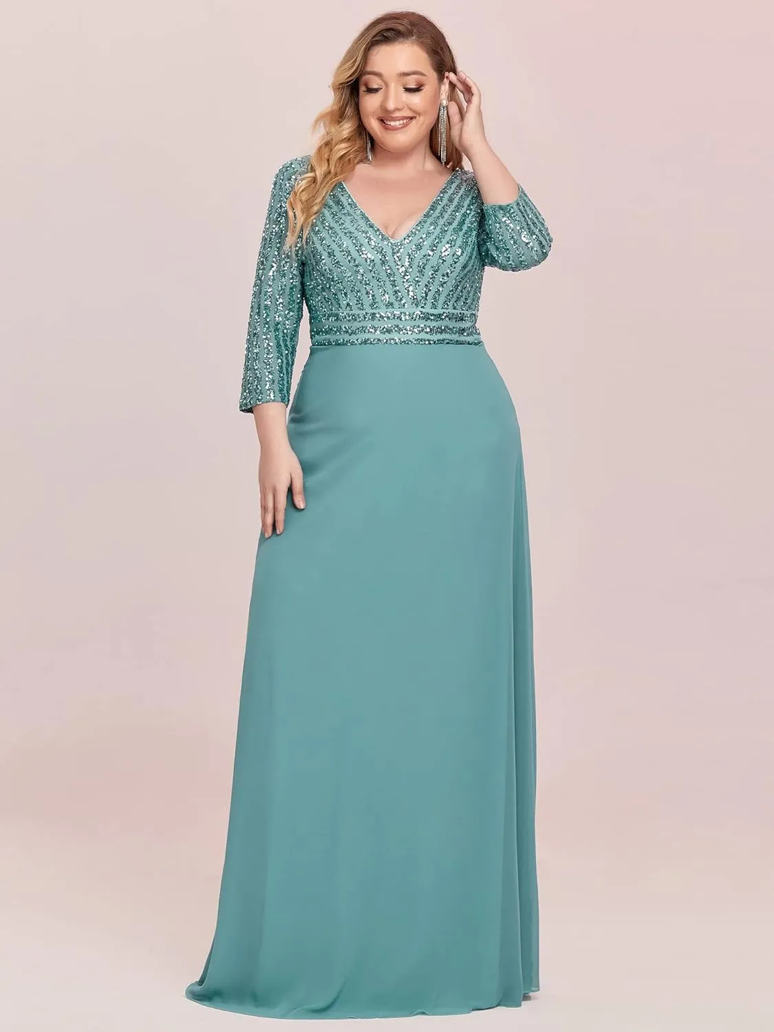 Ever-Pretty Women's Plus Size V-Neck Sparkle Sequins Chiffon 3/4 Sleevess Formal Dresses 0751-PZ