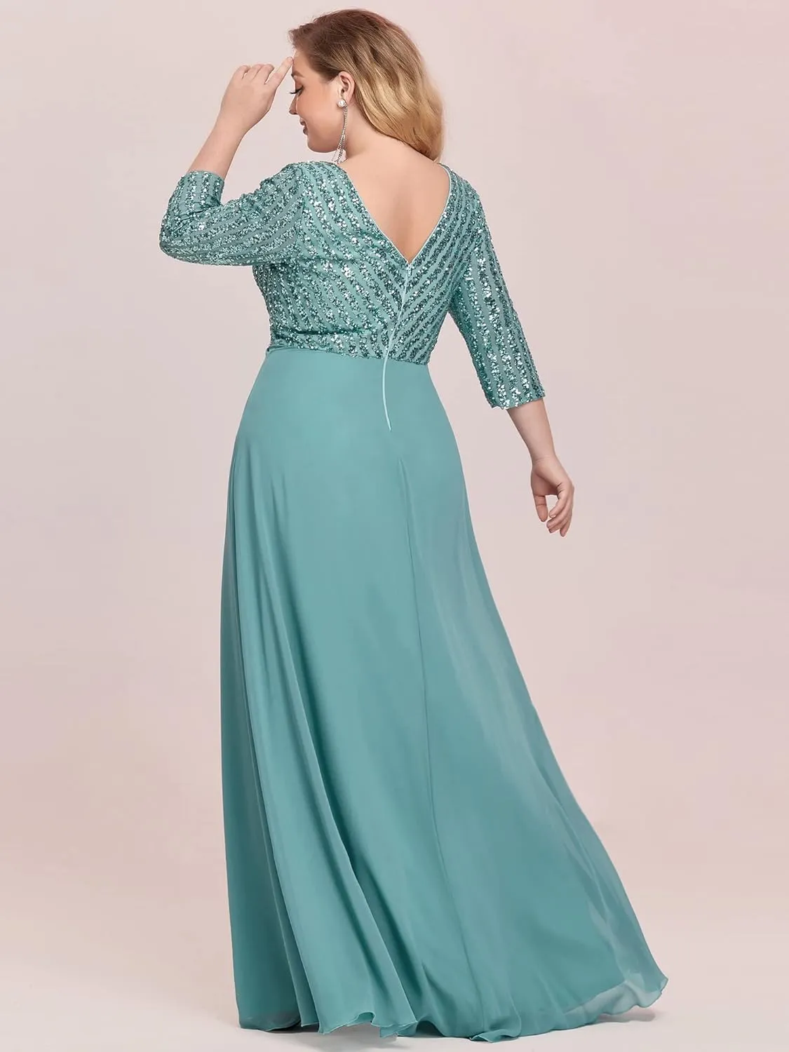 Ever-Pretty Women's Plus Size V-Neck Sparkle Sequins Chiffon 3/4 Sleevess Formal Dresses 0751-PZ