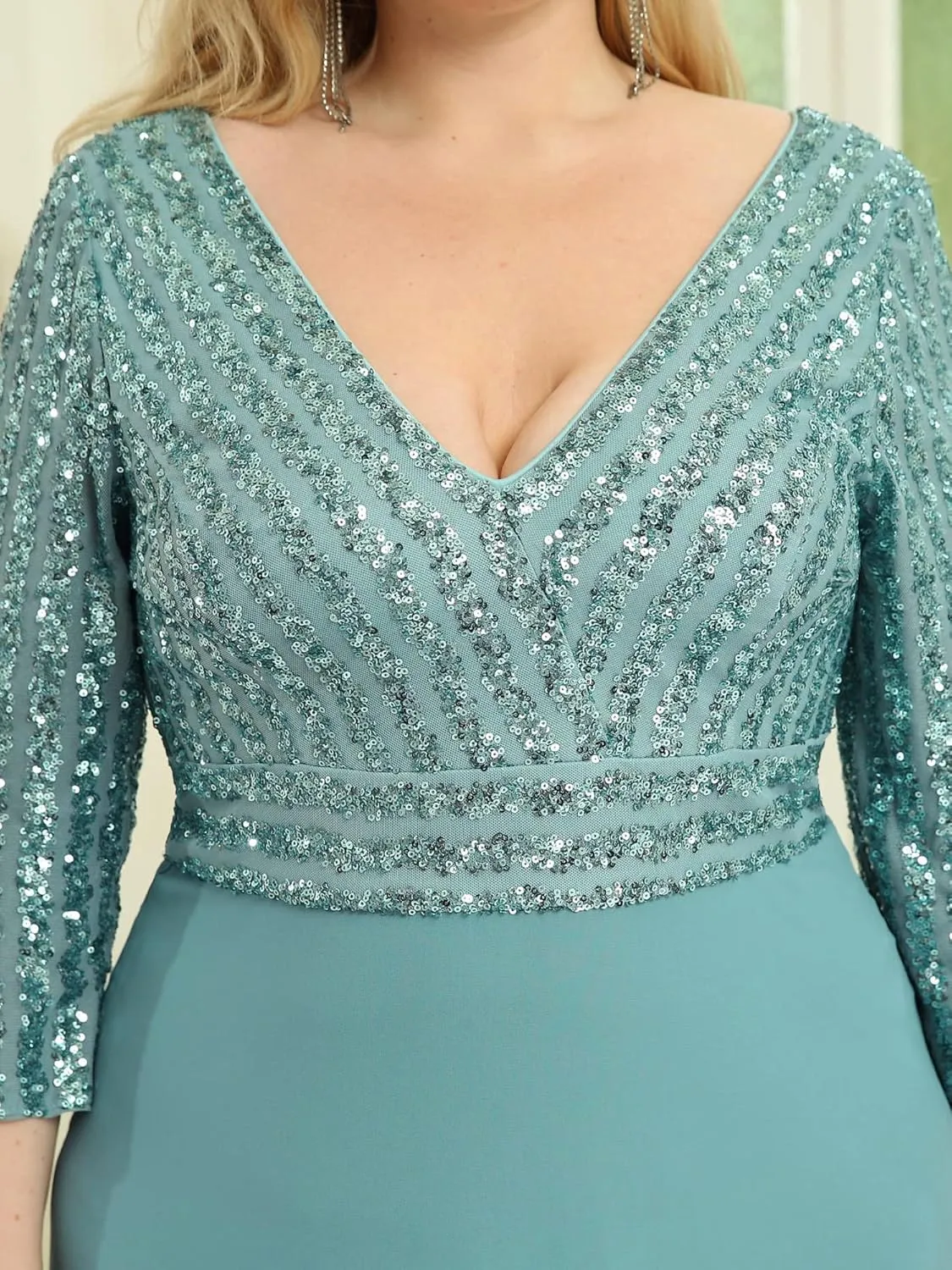 Ever-Pretty Women's Plus Size V-Neck Sparkle Sequins Chiffon 3/4 Sleevess Formal Dresses 0751-PZ