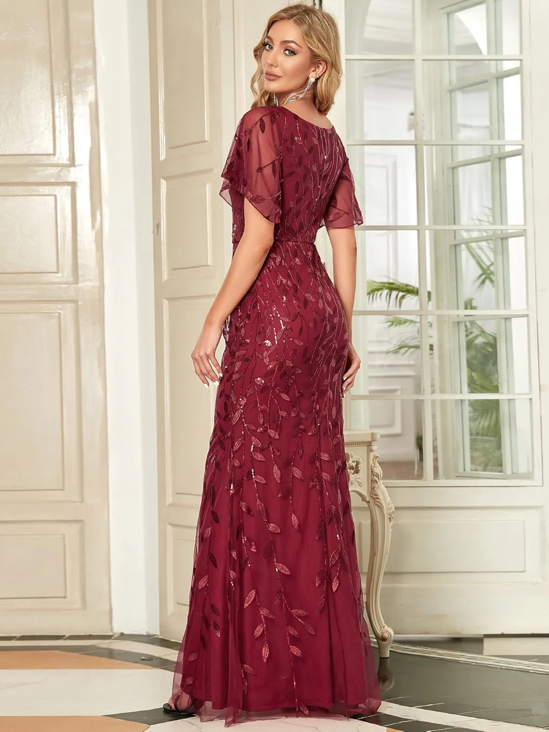 Ever-Pretty Women's Ruffles Sleeves Sequin Embroidery Evening Mother of The Bride Dress 00692