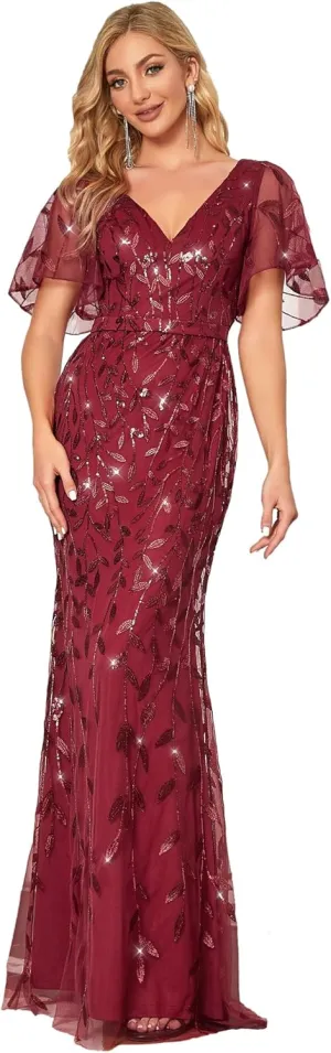 Ever-Pretty Women's Ruffles Sleeves Sequin Embroidery Evening Mother of The Bride Dress 00692