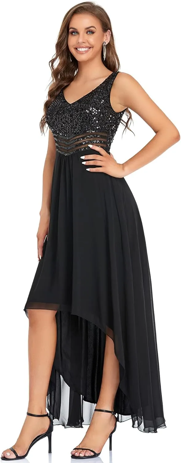 Ever-Pretty Women's Sequin V-Neck See-Through Waist High Low Wedding Guest Dress 0410-USA