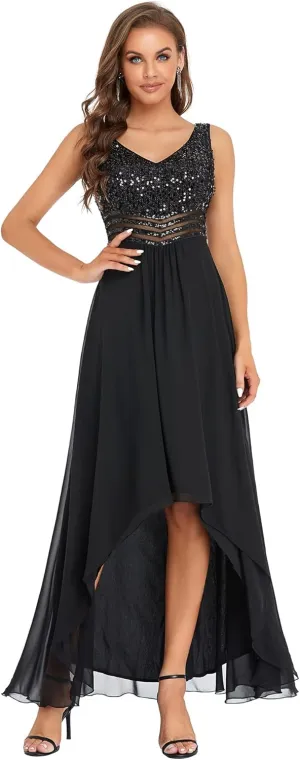 Ever-Pretty Women's Sequin V-Neck See-Through Waist High Low Wedding Guest Dress 0410-USA