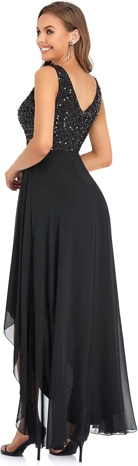 Ever-Pretty Women's Sequin V-Neck See-Through Waist High Low Wedding Guest Dress 0410-USA