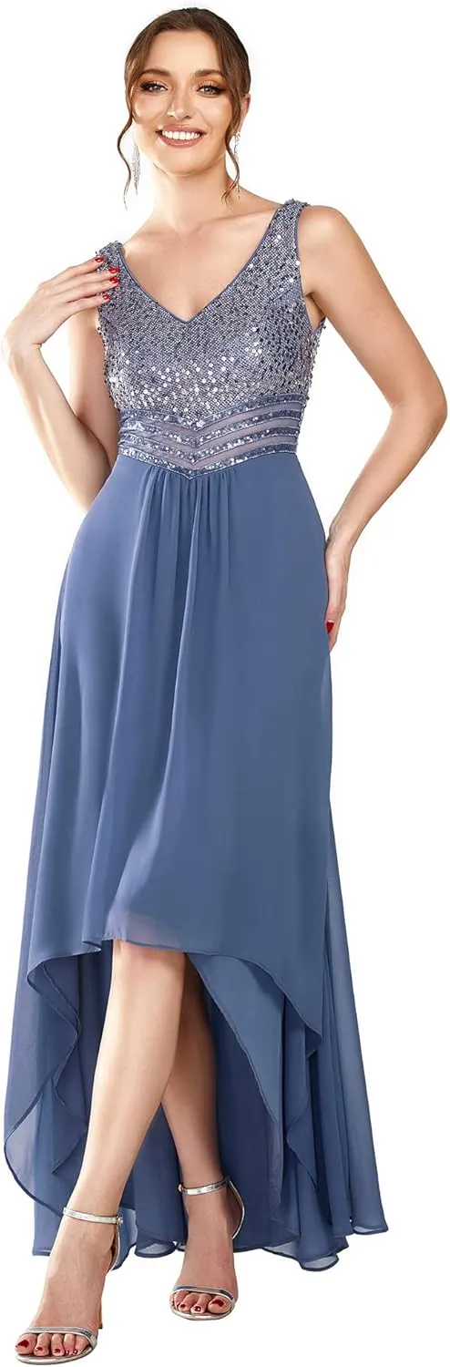 Ever-Pretty Women's Sequin V-Neck See-Through Waist High Low Wedding Guest Dress 0410-USA