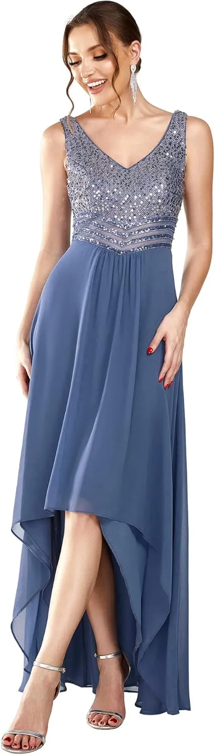 Ever-Pretty Women's Sequin V-Neck See-Through Waist High Low Wedding Guest Dress 0410-USA