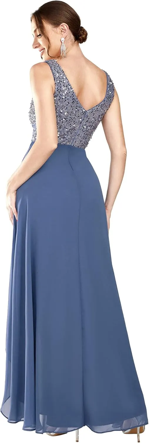 Ever-Pretty Women's Sequin V-Neck See-Through Waist High Low Wedding Guest Dress 0410-USA