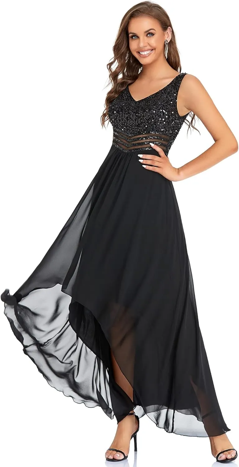 Ever-Pretty Women's Sequin V-Neck See-Through Waist High Low Wedding Guest Dress 0410-USA