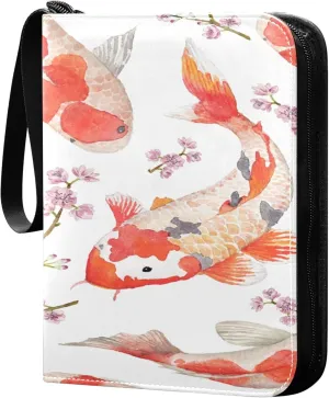 Exnundod 4 Pocket Trading Card Binder Koi Fish Japanese PU Leather Card Collection Binder Floral Oriental Watercolor 400 Cards Organizer Binder Collectible Trading Card Albums for Sports Game Card