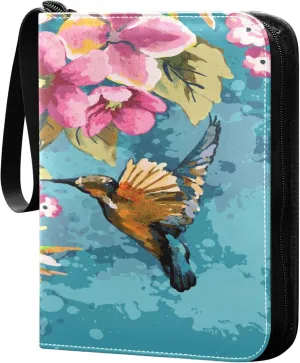 Exnundod 4 Pocket Trading Card Binder Watercolor Colorful Hummingbirds, PU Leather Card Collection Binder Colorful Flowers Spring 400 Cards Organizer Binder Collectible Trading Card Albums for Sports