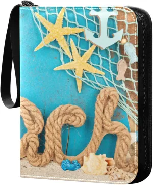 Exnundod Beach Sand Sea Shells Trading Card Binder for Cards, Fishing Net Sports Card Binder Card Album 4-Pockets for 400 Cards PU Baseball Football Game Cards Collection