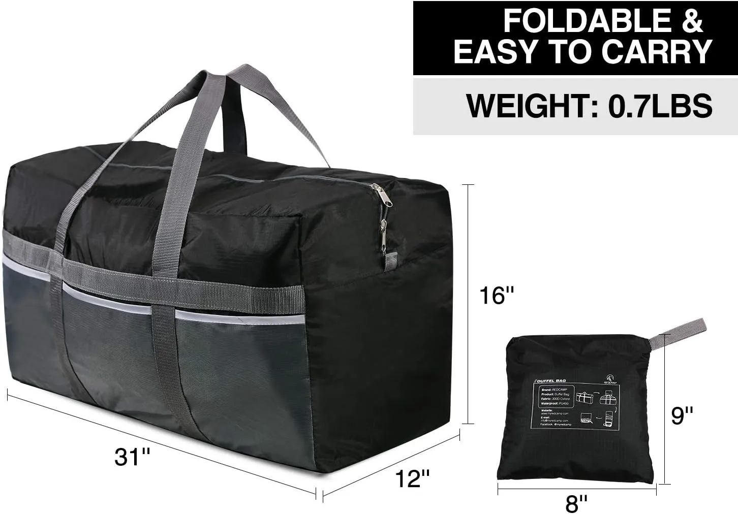Extra Large Duffle Bag, Water Repellency Travel Foldable Duffle Bag for Men Women Adults, 96L, Black