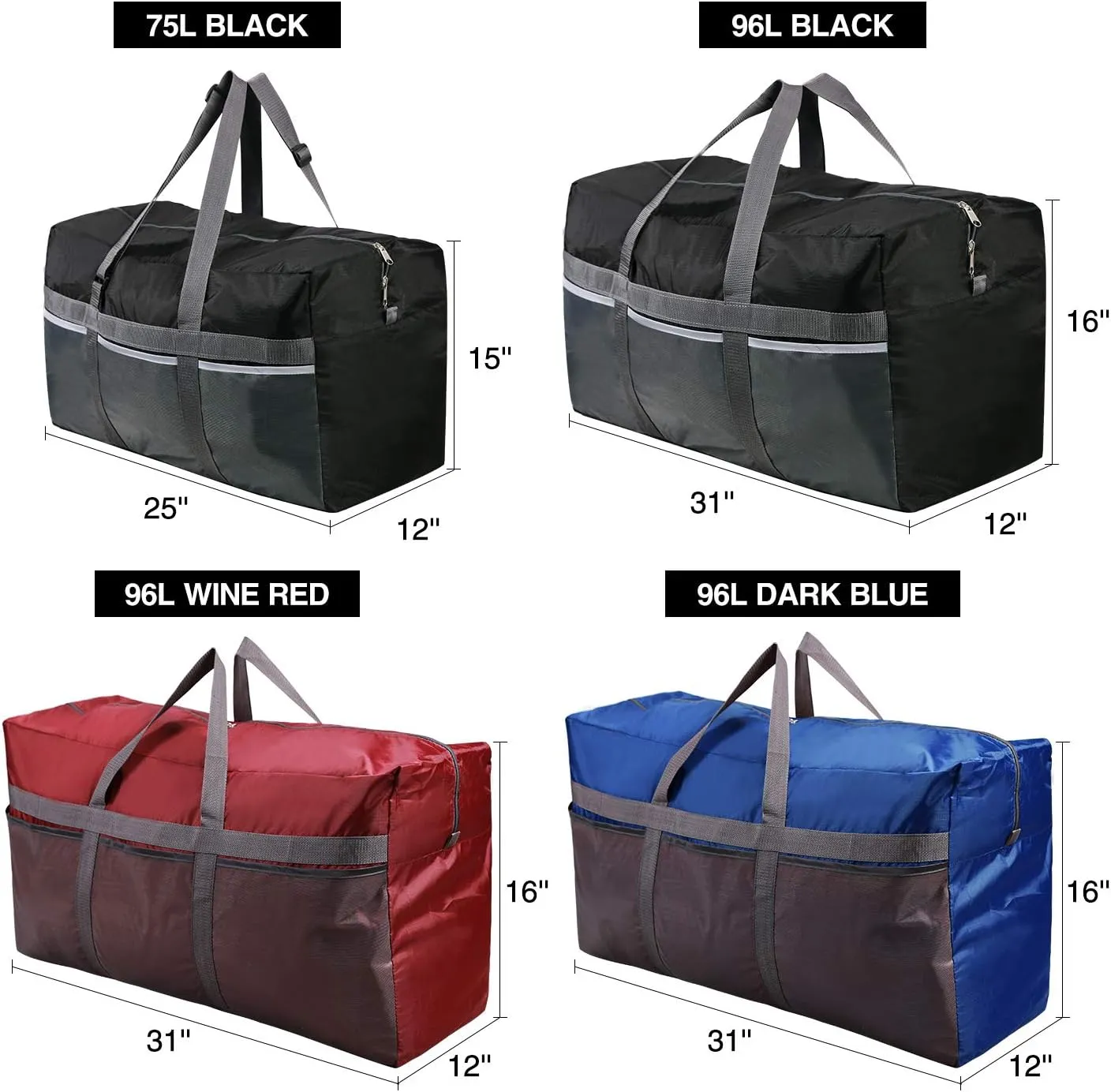 Extra Large Duffle Bag, Water Repellency Travel Foldable Duffle Bag for Men Women Adults, 96L, Black