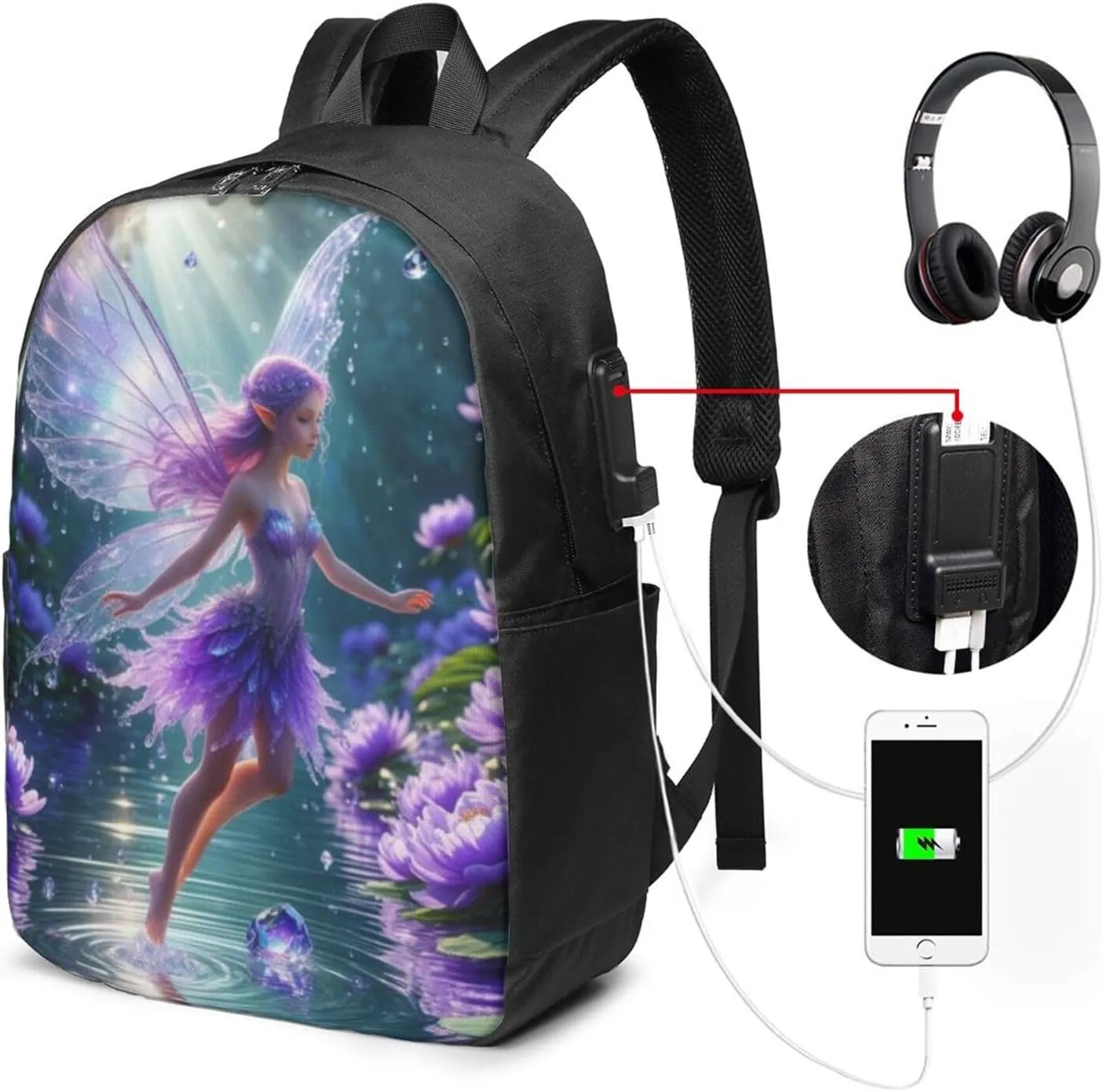 F-lower Moon Fairy Scobell Simple Large Capacity Backpack, The Whole Bag Is Stylish And Lightweight Black