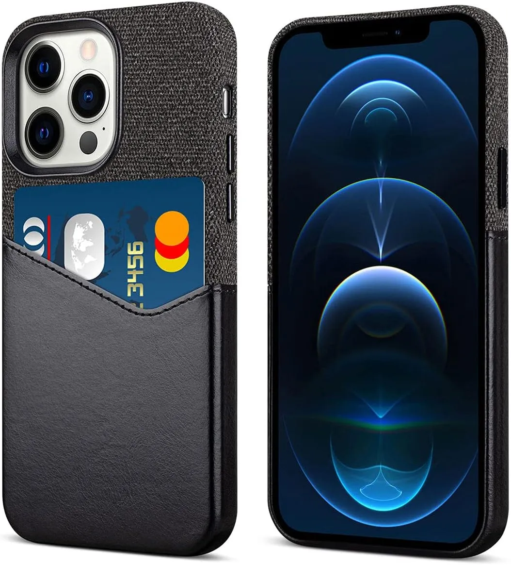 Fabric iPhone 13 Pro Max Card Case, Handcrafted iPhone 13 Pro Max Case with Credit Card Holder, Leather iPhone 13 Pro Max Wallet Case Cover - Black