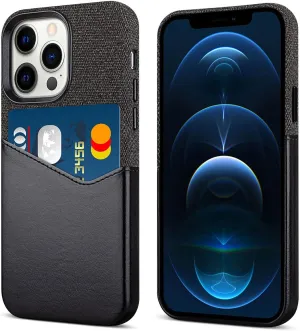 Fabric iPhone 13 Pro Max Card Case, Handcrafted iPhone 13 Pro Max Case with Credit Card Holder, Leather iPhone 13 Pro Max Wallet Case Cover - Black