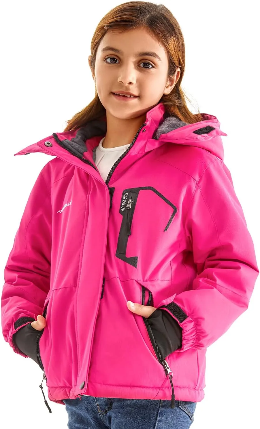 FARVALUE Girls Waterproof Skiing Jacket Windproof Winter Coat Warm Snow Coat with Removable Hood