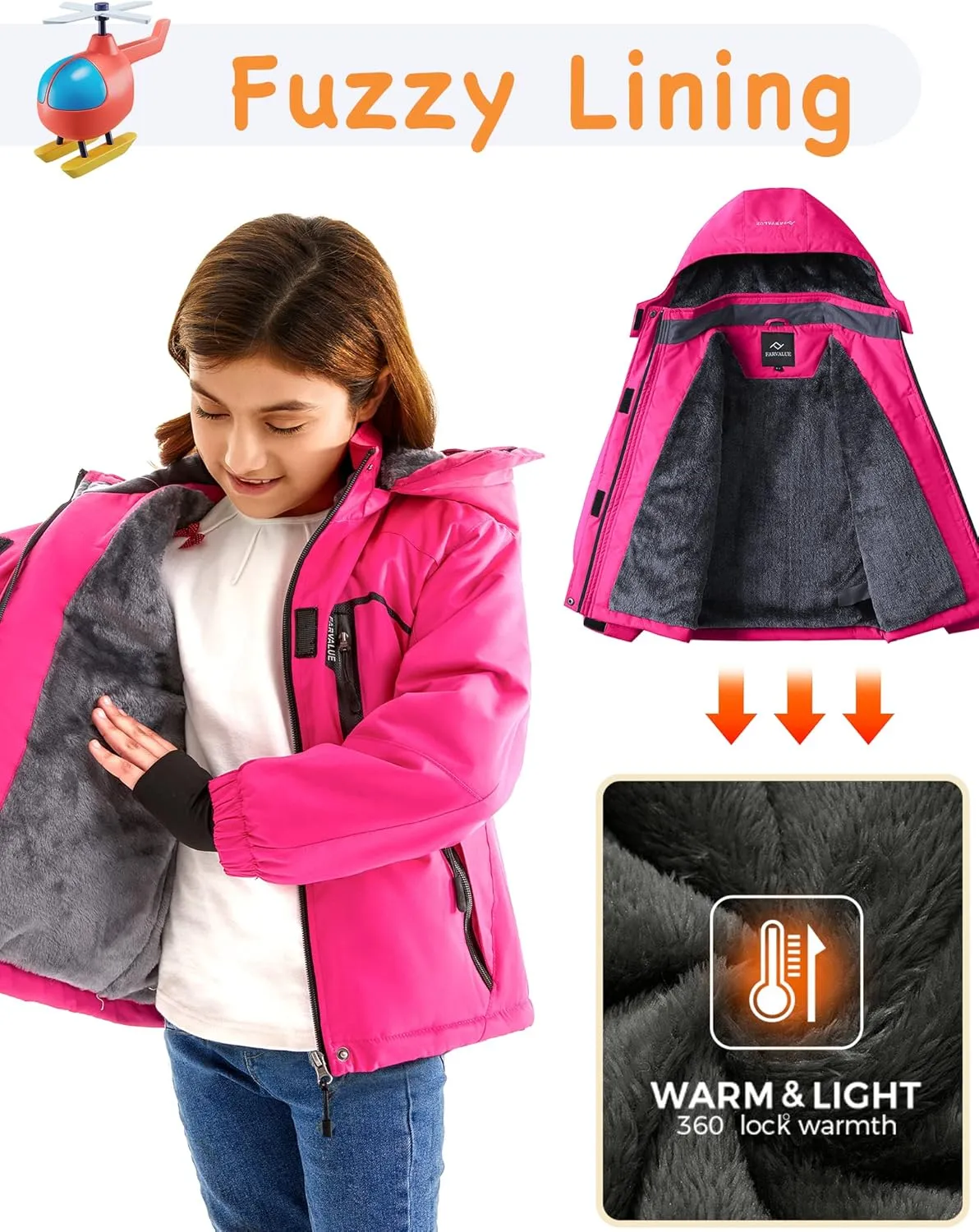FARVALUE Girls Waterproof Skiing Jacket Windproof Winter Coat Warm Snow Coat with Removable Hood