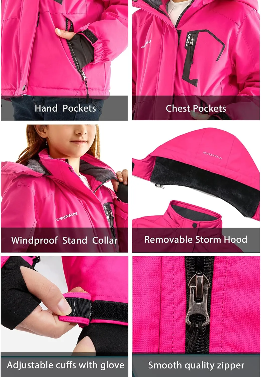 FARVALUE Girls Waterproof Skiing Jacket Windproof Winter Coat Warm Snow Coat with Removable Hood