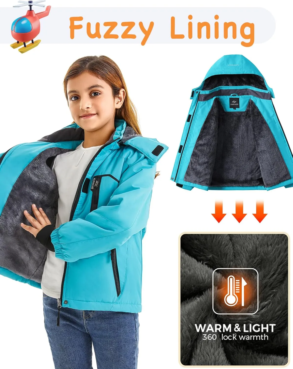 FARVALUE Girls Waterproof Skiing Jacket Windproof Winter Coat Warm Snow Coat with Removable Hood