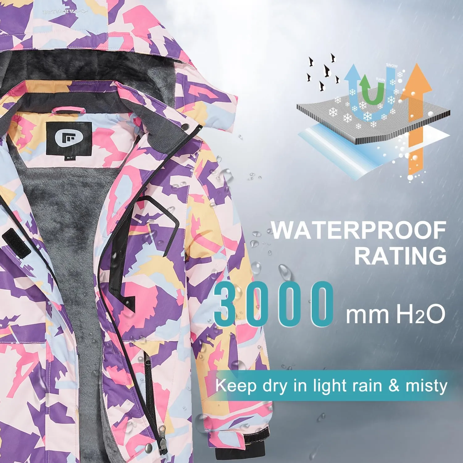 FARVALUE Girls Waterproof Skiing Jacket Windproof Winter Coat Warm Snow Coat with Removable Hood