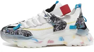 Fashion Chunky Sneakers, White Mesh Athletic Shoes with Marble Print, Blue Accents, Transparent Platform Sole