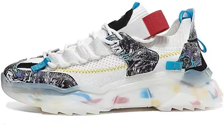 Fashion Chunky Sneakers, White Mesh Athletic Shoes with Marble Print, Blue Accents, Transparent Platform Sole