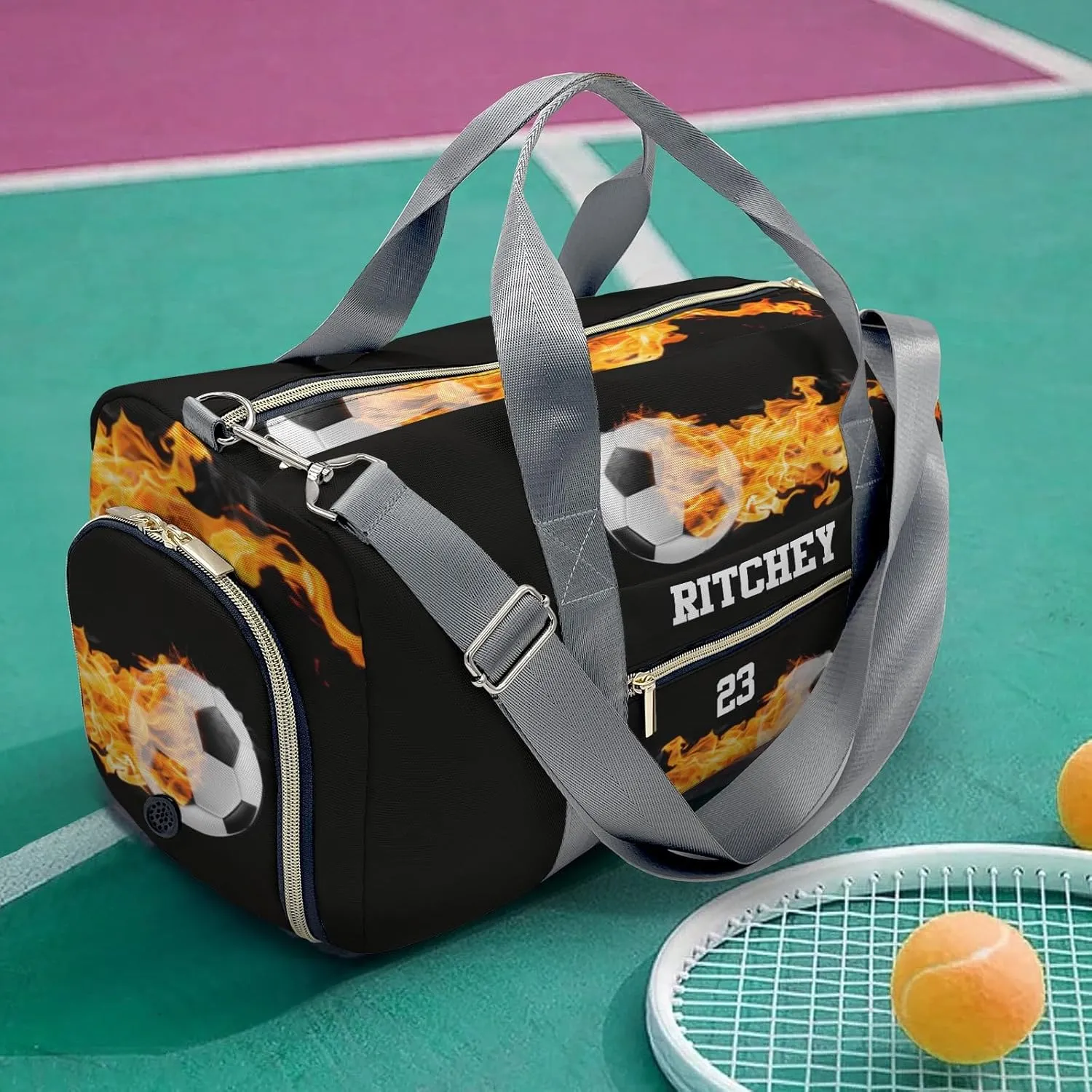 Fire Soccer Ball Personalized Duffel Bag Custom Women Men Multi-Function Travel Bag Gym Sports Bag Gymnastic Yoga Bag Carry On Overnight Weekend Duffel Bags