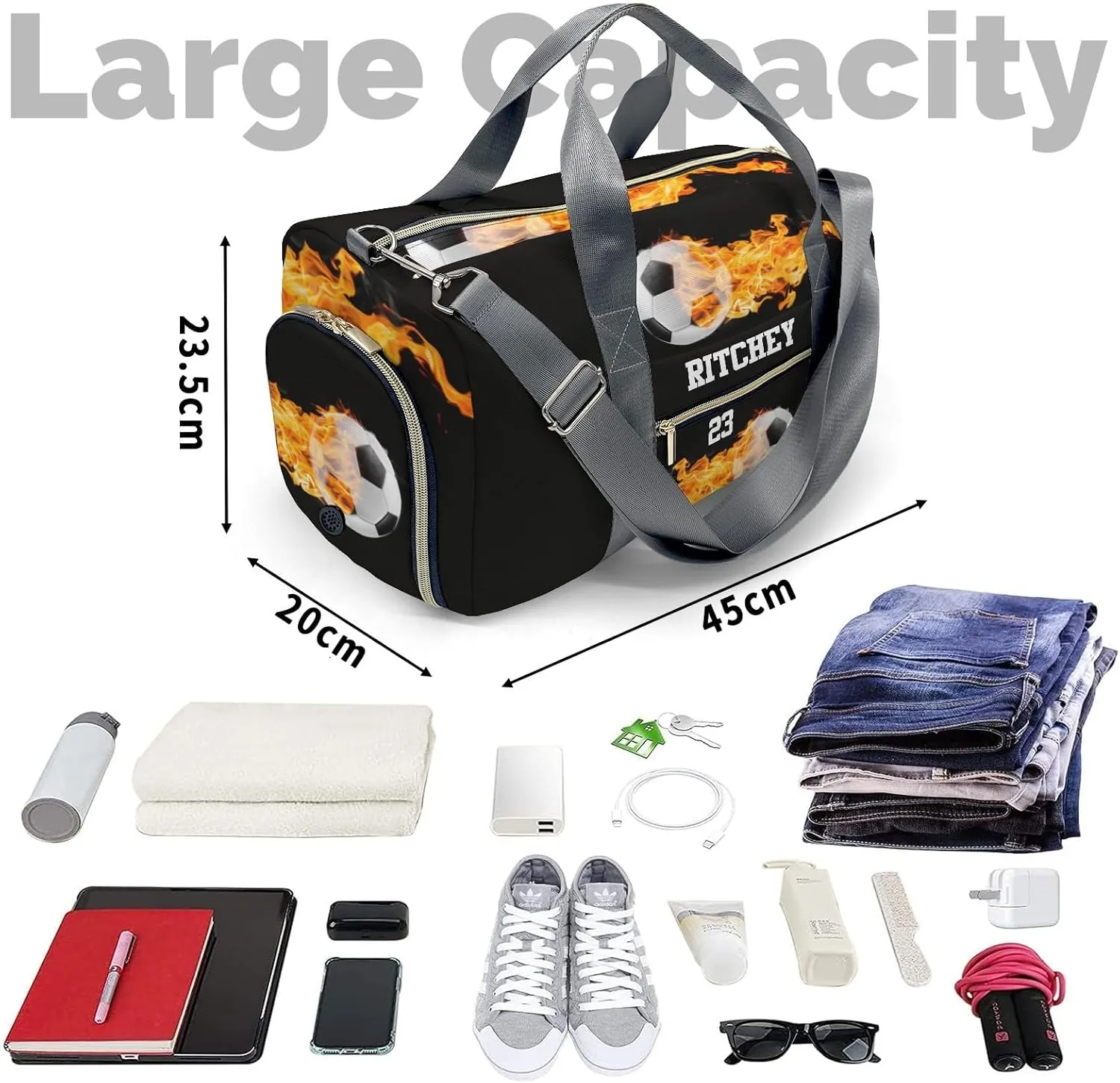 Fire Soccer Ball Personalized Duffel Bag Custom Women Men Multi-Function Travel Bag Gym Sports Bag Gymnastic Yoga Bag Carry On Overnight Weekend Duffel Bags
