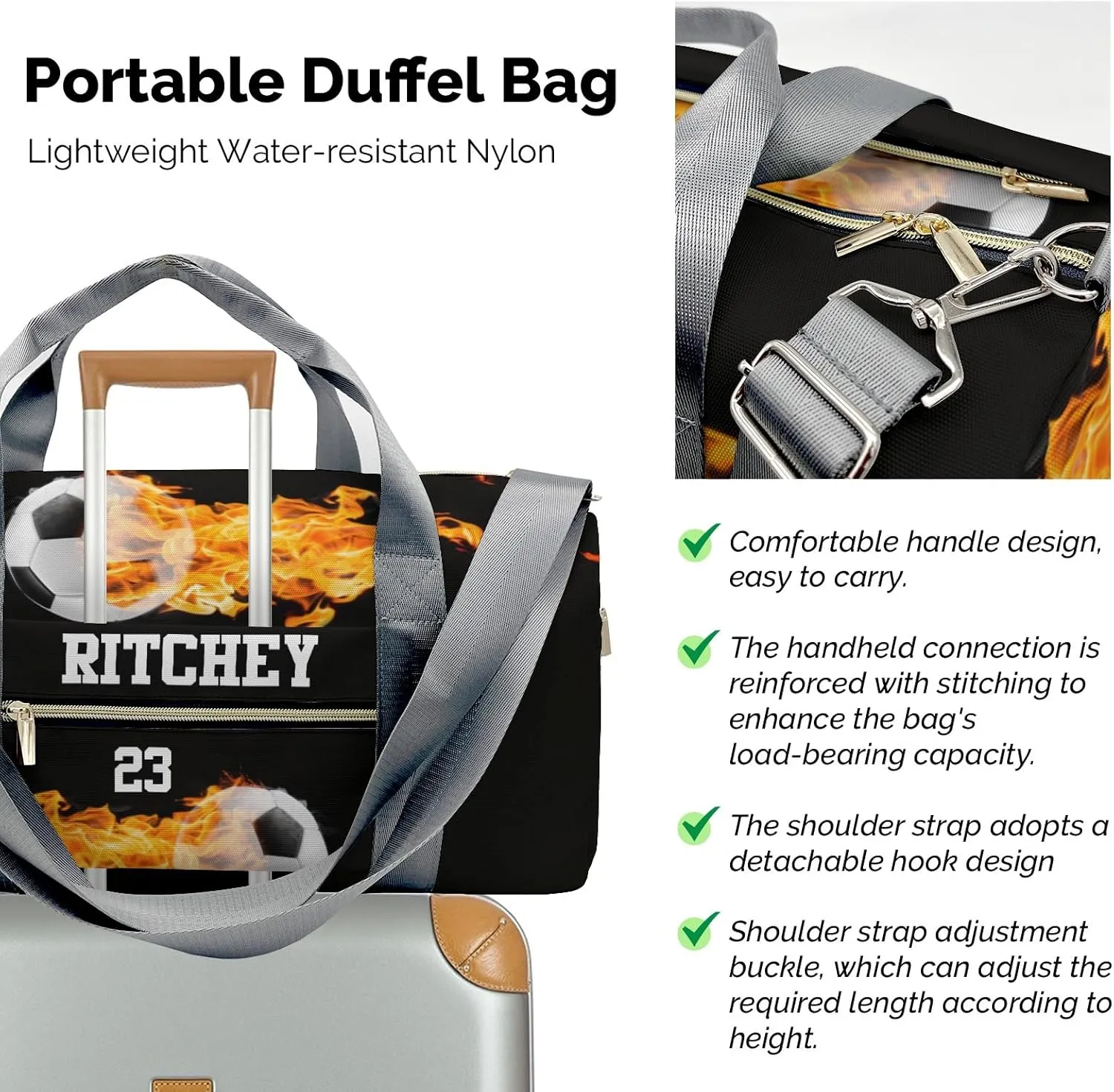 Fire Soccer Ball Personalized Duffel Bag Custom Women Men Multi-Function Travel Bag Gym Sports Bag Gymnastic Yoga Bag Carry On Overnight Weekend Duffel Bags