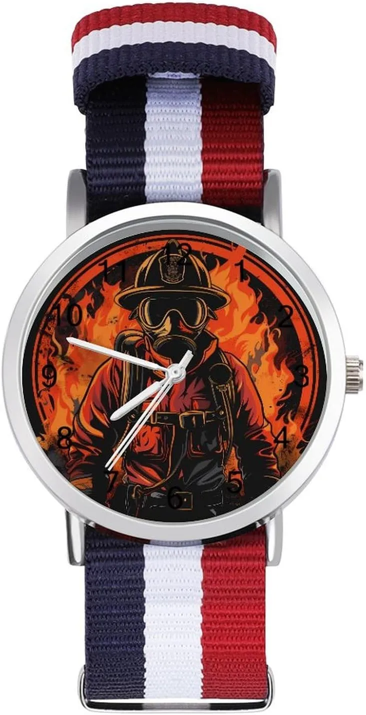 Firemen Firefighter Unisex Watch Lightweight Breathable Woven Nylon Wrist Strap Watch with Metal Buckle