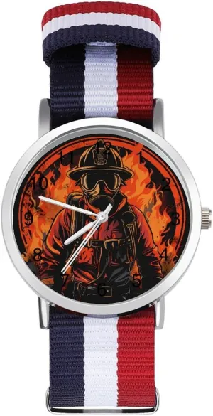 Firemen Firefighter Unisex Watch Lightweight Breathable Woven Nylon Wrist Strap Watch with Metal Buckle