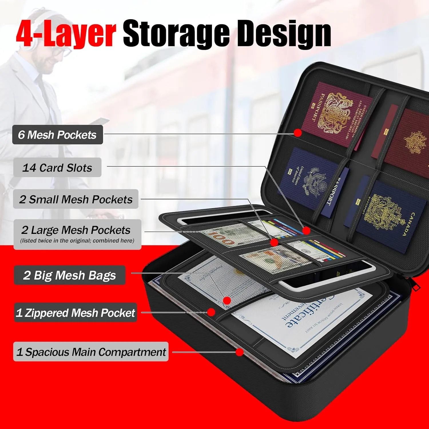 Fireproof Document Box with Lock,File Safe Bag for Home,Multi-Layer Important Document Organizer,Office Paper Storage File Folder Box for Laptop Certificates Passport,Portable Waterproof