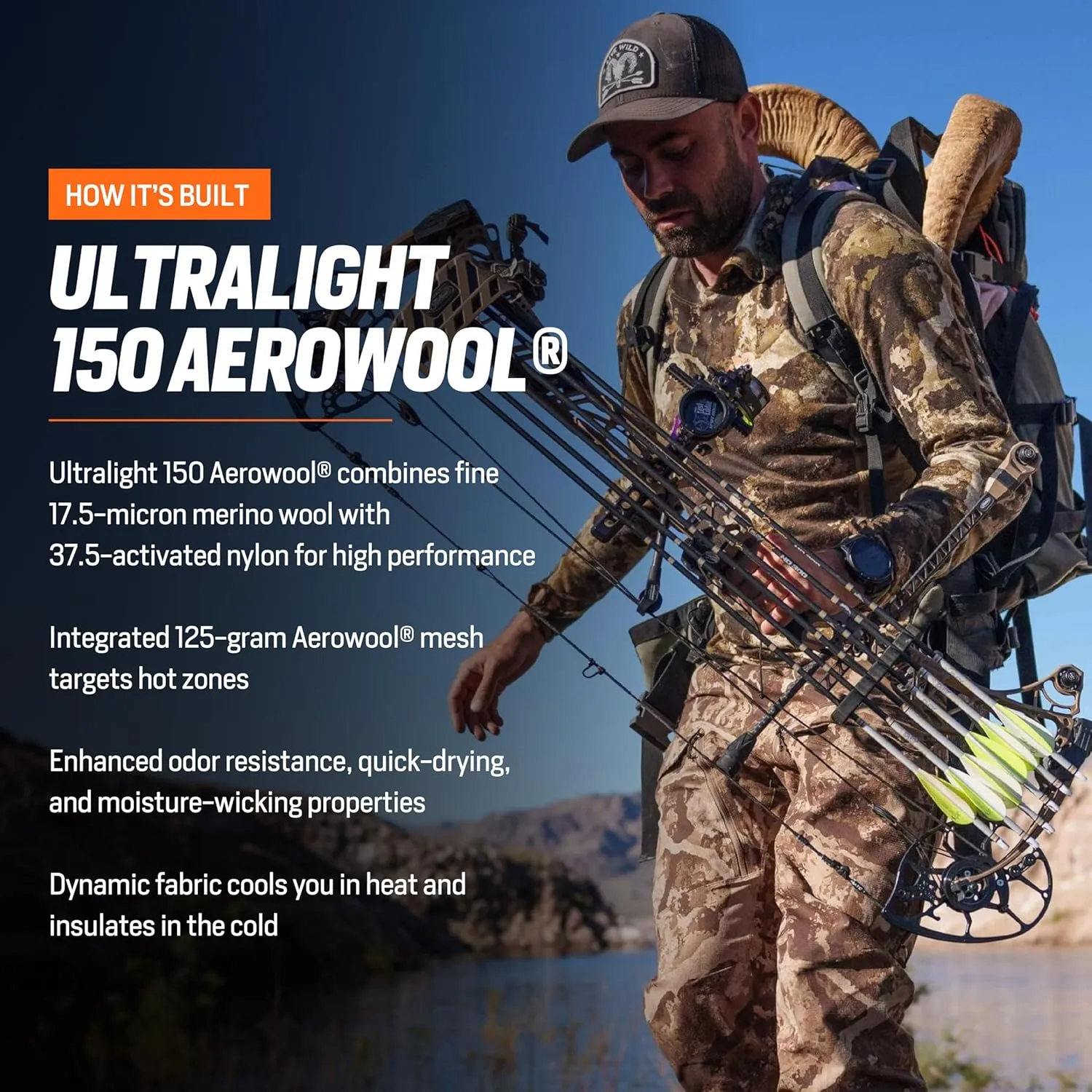 First Lite Men’s Wick Hoody - Merino Wool Ultralight Camo Hunting Base Layer, Quick Dry, UV Protection Hunting Clothing