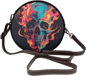 Flaming Skull Women Round Crossbody Bags Leather Sling Bag Purse