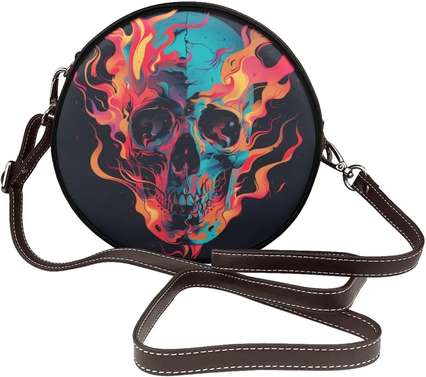 Flaming Skull Women Round Crossbody Bags Leather Sling Bag Purse