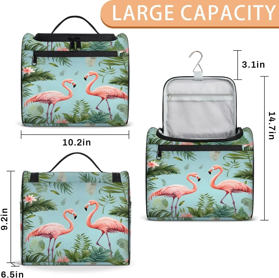 Flamingo Tropical Palm Leaf Make Up Bags for Women Travel Toiletry Bag Portable Makeup Organizer Bag with Metal Hook and Dividers Inside