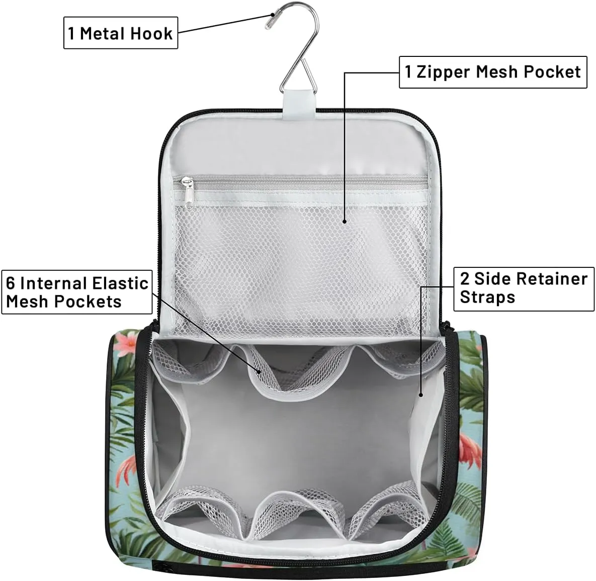 Flamingo Tropical Palm Leaf Make Up Bags for Women Travel Toiletry Bag Portable Makeup Organizer Bag with Metal Hook and Dividers Inside