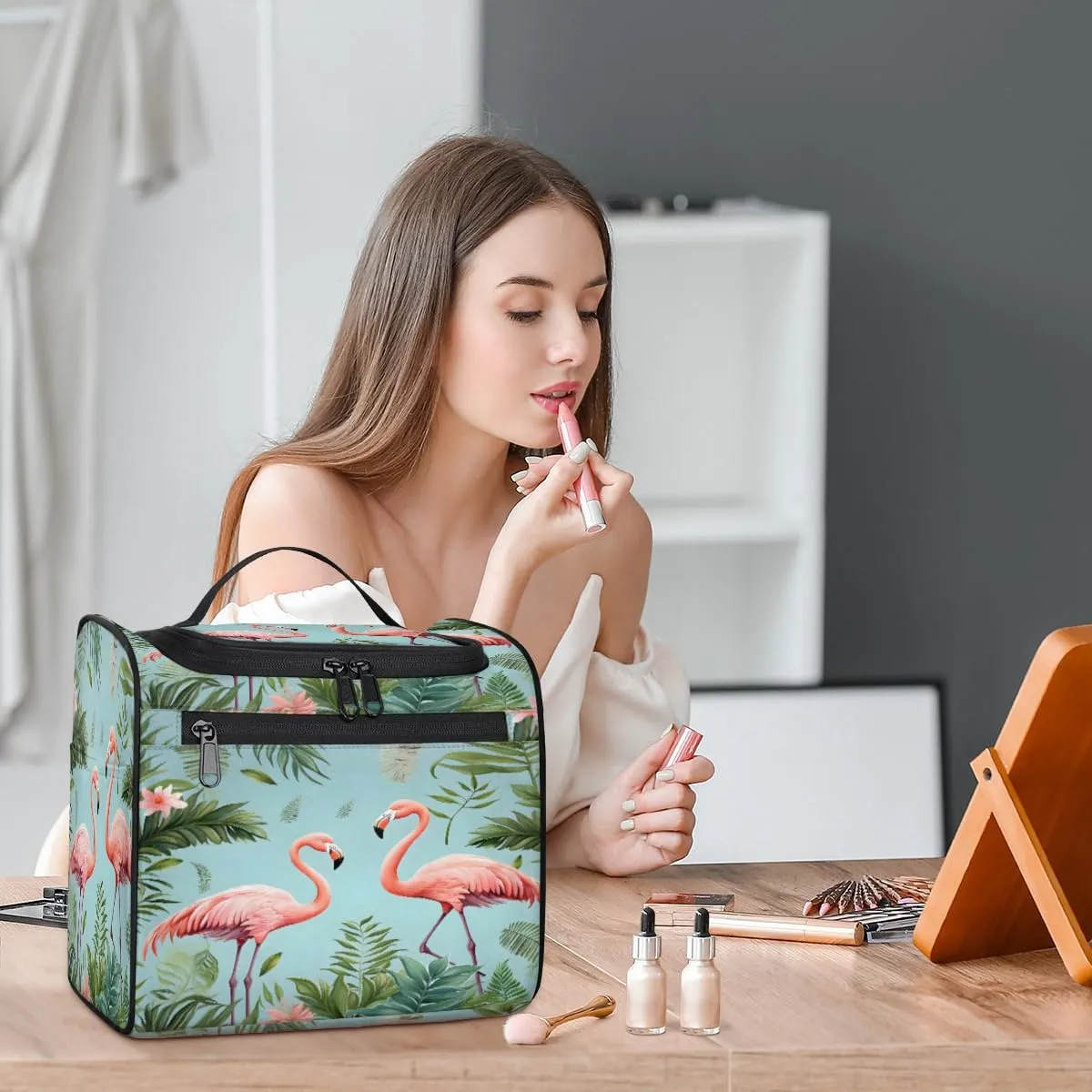 Flamingo Tropical Palm Leaf Make Up Bags for Women Travel Toiletry Bag Portable Makeup Organizer Bag with Metal Hook and Dividers Inside