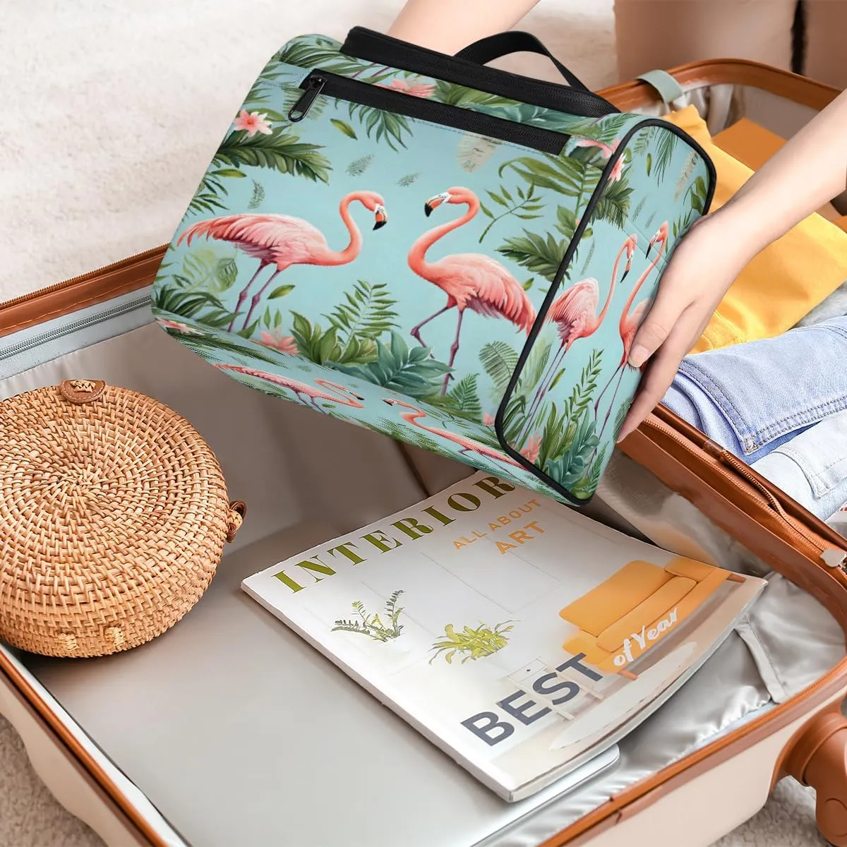 Flamingo Tropical Palm Leaf Make Up Bags for Women Travel Toiletry Bag Portable Makeup Organizer Bag with Metal Hook and Dividers Inside